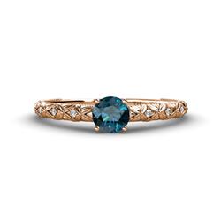 Daisy Classic Round Blue and White Diamond Floral Engraved Engagement Ring Round Blue and White Diamond ctw Floral Engraved Milgrain Womens Engagement Ring K Rose Gold
