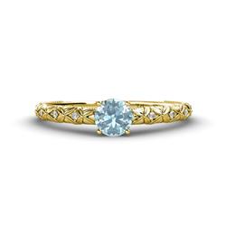 Daisy Classic Round Aquamarine and Diamond Floral Engraved Engagement Ring Round Aquamarine and Diamond ctw Floral Engraved Milgrain Womens Engagement Ring K Yellow Gold