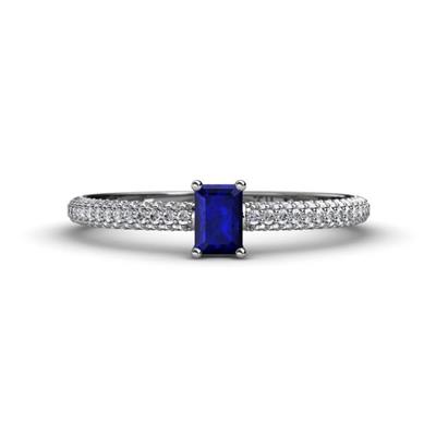 Serina Classic Emerald Cut Blue Sapphire and Round Diamond Row Shank Engagement Ring