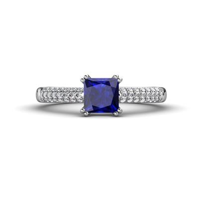 Serina Classic Princess Cut Lab Created Blue Sapphire and Round Diamond Row Micro Pave Shank Engagement Ring