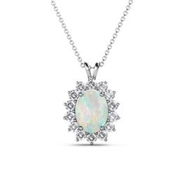 Hazel x Oval Cut Opal and Round Diamond Double Bail Halo Pendant Necklace Oval Cut x Opal and Round Diamond Double Bail Womens Halo Pendant Necklace ctw K White GoldIncluded Inches K White Gold Chain