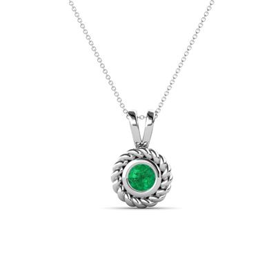 Juliya Round Emerald Rope Edge Bezel Set Solitaire Pendant Necklace