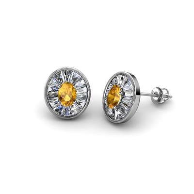 Dahlia Iris Oval Cut Citrine and Baguette Diamond Milgrain Halo Stud Earrings
