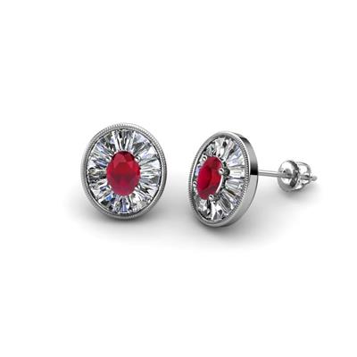 Dahlia Iris Oval Cut Ruby and Baguette Diamond Milgrain Halo Stud Earrings