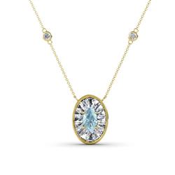 Dahlia Iris ctw Oval Cut Aquamarine and Baguette Diamond Milgrain Halo Pendant Necklace with Diamond Stations Oval Cut Aquamarine and Baguette Diamond ctw Women Milgrain Halo Pendant Necklace with Diamond Stations K Yellow Gold