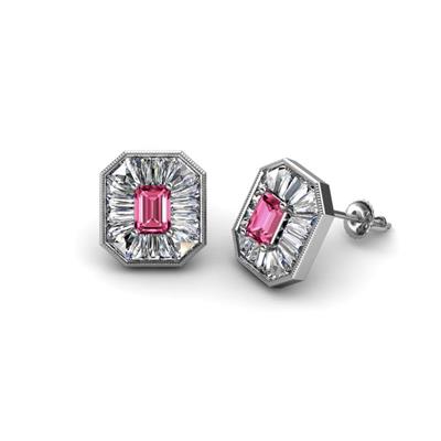 Pamela Iris Emerald Cut Pink Tourmaline and Baguette Diamond Milgrain Halo Stud Earrings