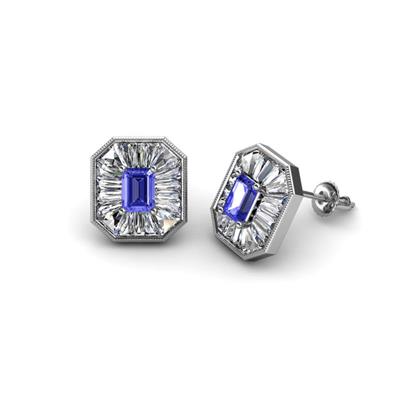Pamela Iris Emerald Cut Tanzanite and Baguette Diamond Milgrain Halo Stud Earrings