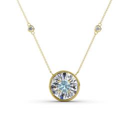 Lillac Iris ctw Round Aquamarine and Baguette Diamond Milgrain Halo Pendant Necklace with Diamond Stations Round Aquamarine and Baguette Diamond ctw Women Milgrain Halo Pendant Necklace with Diamond Stations K Yellow Gold