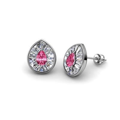 Viola Iris Pear Cut Pink Tourmaline and Baguette Diamond Milgrain Halo Stud Earrings