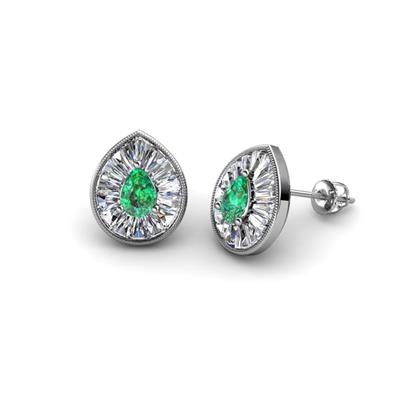Viola Iris Pear Cut Emerald and Baguette Diamond Milgrain Halo Stud Earrings