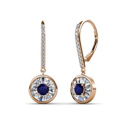 Lillac Iris Round Blue Sapphire and Baguette Diamond Halo Dangling Earrings Round Blue Sapphire and Baguette Diamond ctw Womens Halo Drop and Dangle Earrings K Rose Gold