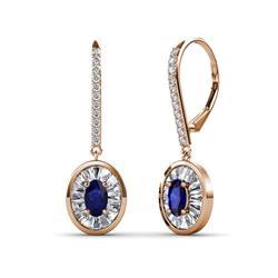 Dahlia Iris Oval Cut Blue Sapphire and Baguette Diamond Halo Dangling Earrings Oval Cut Blue Sapphire and Baguette Diamond ctw Womens Halo Drop and Dangle Earrings K Rose Gold