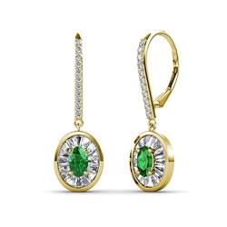 Dahlia Iris Oval Cut Green Garnet and Baguette Diamond Halo Dangling Earrings Oval Cut Green Garnet and Baguette Diamond ctw Womens Halo Drop and Dangle Earrings K Yellow Gold