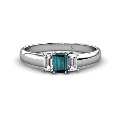 Sharon x Emerald Cut London Blue Topaz and Diamond Trellis Three Stone Engagement Ring