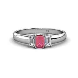 Sharon x Emerald Cut Rhodolite Garnet and Diamond Trellis Three Stone Engagement Ring Emerald Cut x Rhodolite Garnet and Diamond ctw Trellis Three Stone Engagement Ring Sterling Silver