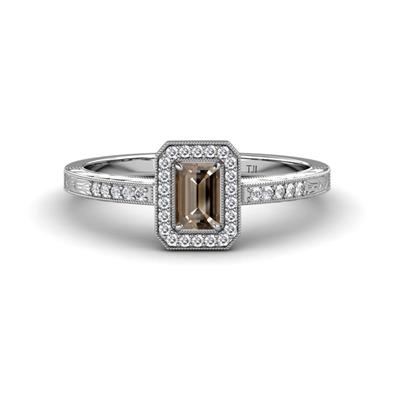 Wanda Desire Emerald Cut x Smoky Quartz and Round Diamond Leaf Engraved Halo Engagement Ring