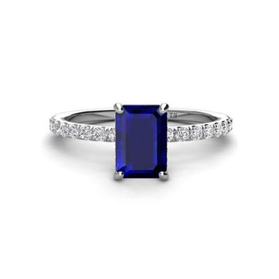 Charlotte Desire x Emerald Cut Blue Sapphire and Round Diamond Hidden Halo Engagement Ring