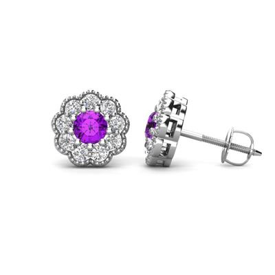 Floret Round Amethyst and Diamond Milgrain Halo Stud Earrings