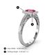 4 - Wanda Desire Emerald Cut 7x5 mm Pink Tourmaline and Round Diamond Leaf Engraved Halo Engagement Ring 