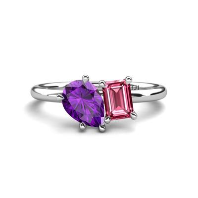 Nadya Pear Shape Amethyst Emerald Shape Pink Tourmaline Stone Duo Ring