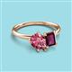 3 - Nadya Pear Shape Pink Tourmaline & Emerald Shape Rhodolite Garnet 2 Stone Duo Ring 