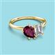 3 - Nadya Pear Shape Rhodolite Garnet & Emerald Shape GIA Certified Diamond 2 Stone Duo Ring 
