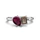 1 - Nadya Pear Shape Rhodolite Garnet & Emerald Shape Smoky Quartz 2 Stone Duo Ring 