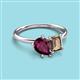 3 - Nadya Pear Shape Rhodolite Garnet & Emerald Shape Smoky Quartz 2 Stone Duo Ring 