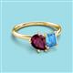 3 - Nadya Pear Shape Rhodolite Garnet & Emerald Shape Blue Topaz 2 Stone Duo Ring 