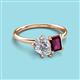 3 - Nadya Pear Shape Forever One Moissanite & Emerald Shape Rhodolite Garnet 2 Stone Duo Ring 