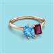 3 - Nadya Pear Shape Blue Topaz & Emerald Shape Rhodolite Garnet 2 Stone Duo Ring 