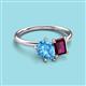 3 - Nadya Pear Shape Blue Topaz & Emerald Shape Rhodolite Garnet 2 Stone Duo Ring 