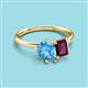 3 - Nadya Pear Shape Blue Topaz & Emerald Shape Rhodolite Garnet 2 Stone Duo Ring 