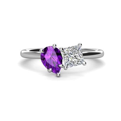 Zoya Pear Shape Amethyst Princess Shape Certified Diamond Stone Duo Ring