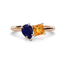 Zoya Pear Shape Blue Sapphire Princess Shape Citrine Stone Duo Ring Pear Shape Blue Sapphire Princess Shape Citrine ctw Four Prong Womens Stone Duo Engagement Ring K Rose Gold