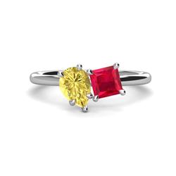 Zoya Pear Shape Yellow Sapphire Princess Shape Lab Created Ruby Stone Duo Ring Pear Shape Yellow Sapphire Princess Shape Lab Created Ruby ctw Four Prong Womens Stone Duo Engagement Ring K White Gold