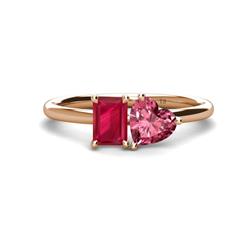 Esther Emerald Shape Lab Created Ruby Heart Shape Pink Tourmaline Stone Duo Ring Emerald Shape Lab Created Ruby Heart Shape Pink Tourmaline ctw Four Prong Womens Stone Duo Engagement Ring K Rose Gold