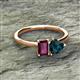 2 - Esther Emerald Shape Rhodolite Garnet & Heart Shape London Blue Topaz 2 Stone Duo Ring 