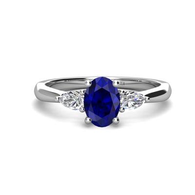 Honora x Oval Shape Lab Created Blue Sapphire and Pear Shape Diamond Three Stone Engagement Ring