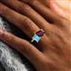 6 - Nadya Pear Shape Rhodolite Garnet & Emerald Shape Blue Topaz 2 Stone Duo Ring 