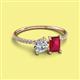 2 - Elyse 6.00 mm Cushion Shape Forever Brilliant Moissanite and 7x5 mm Emerald Shape Lab Created Ruby 2 Stone Duo Ring 