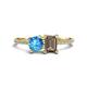 1 - Elyse 6.00 mm Cushion Shape Blue Topaz and 7x5 mm Emerald Shape Smoky Quartz 2 Stone Duo Ring 