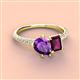 3 - Zahara 9x6 mm Pear Amethyst and 7x5 mm Emerald Cut Rhodolite Garnet 2 Stone Duo Ring 