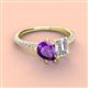 3 - Zahara 9x6 mm Pear Amethyst and IGI Certified 7x5 mm Emerald Cut Lab Grown Diamond 2 Stone Duo Ring 