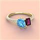 3 - Zahara 9x6 mm Pear Blue Topaz and 7x5 mm Emerald Cut Rhodolite Garnet 2 Stone Duo Ring 
