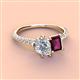 3 - Zahara 9x6 mm Pear Forever One Moissanite and 7x5 mm Emerald Cut Rhodolite Garnet 2 Stone Duo Ring 