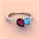 3 - Zahara 9x6 mm Pear Rhodolite Garnet and 7x5 mm Emerald Cut Blue Topaz 2 Stone Duo Ring 