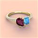 3 - Zahara 9x6 mm Pear Rhodolite Garnet and 7x5 mm Emerald Cut Blue Topaz 2 Stone Duo Ring 