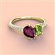 3 - Zahara 9x6 mm Pear Rhodolite Garnet and 7x5 mm Emerald Cut Peridot 2 Stone Duo Ring 