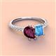 3 - Zahara 9x6 mm Pear Rhodolite Garnet and 7x5 mm Emerald Cut Blue Topaz 2 Stone Duo Ring 